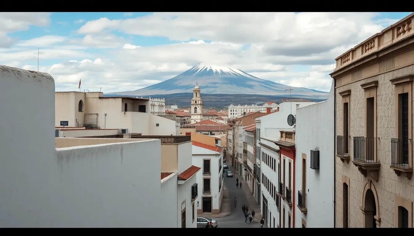 Filming in Arequipa with Misti volcano and white colonial buildings